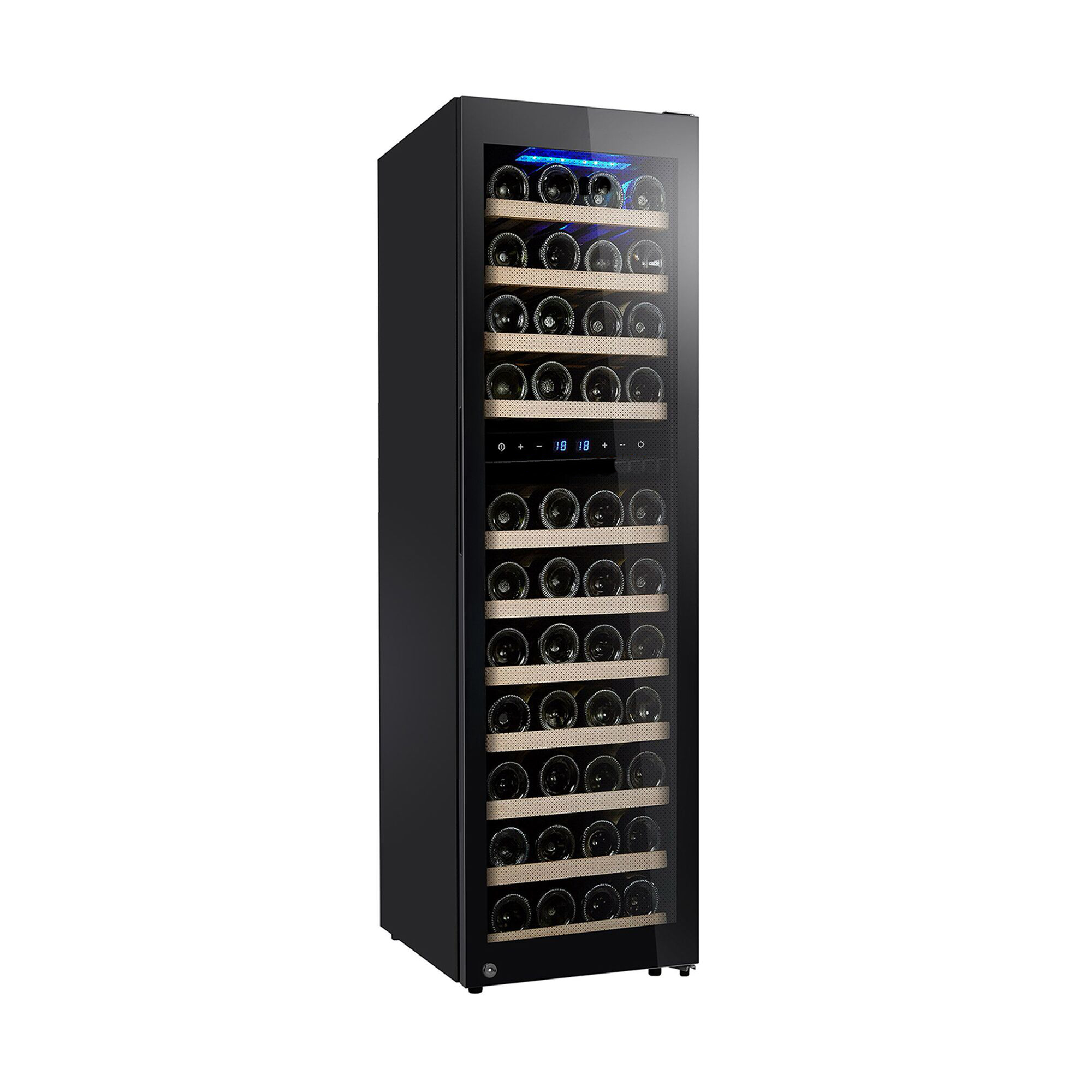 Weinkühlschrank DELUXE mit Glastür, 2 Klimazonen & 11 Böden für 53 Flasch